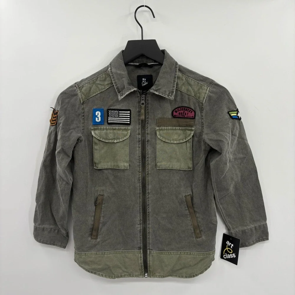 Art Class Boys Utility Jacket Small 6 7 Olive Green Full Zip Cotton Patches New‎